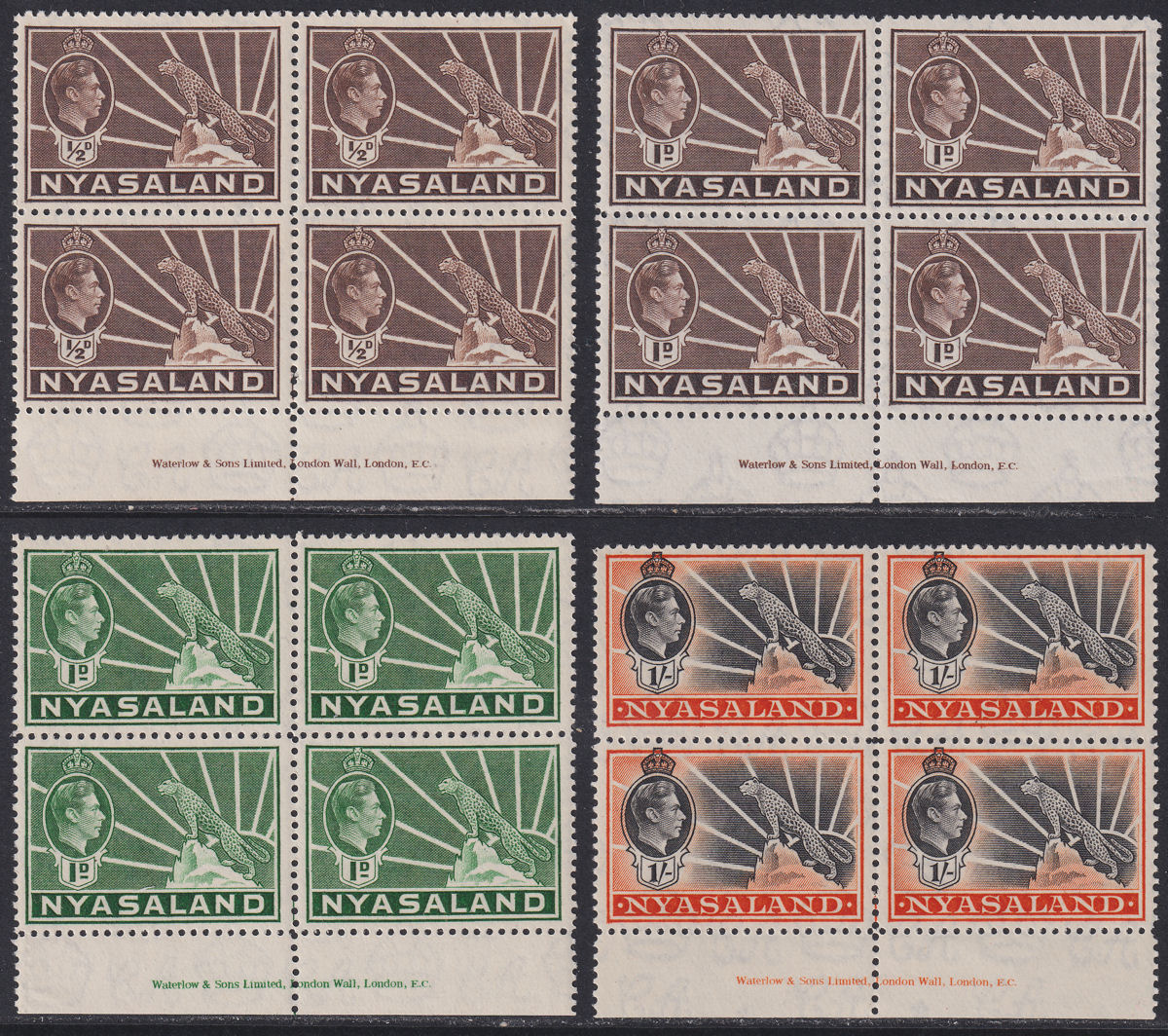 Nyasaland 1938 King George VI Leopard ½d, 1d, 1sh Imprint Blocks Mint