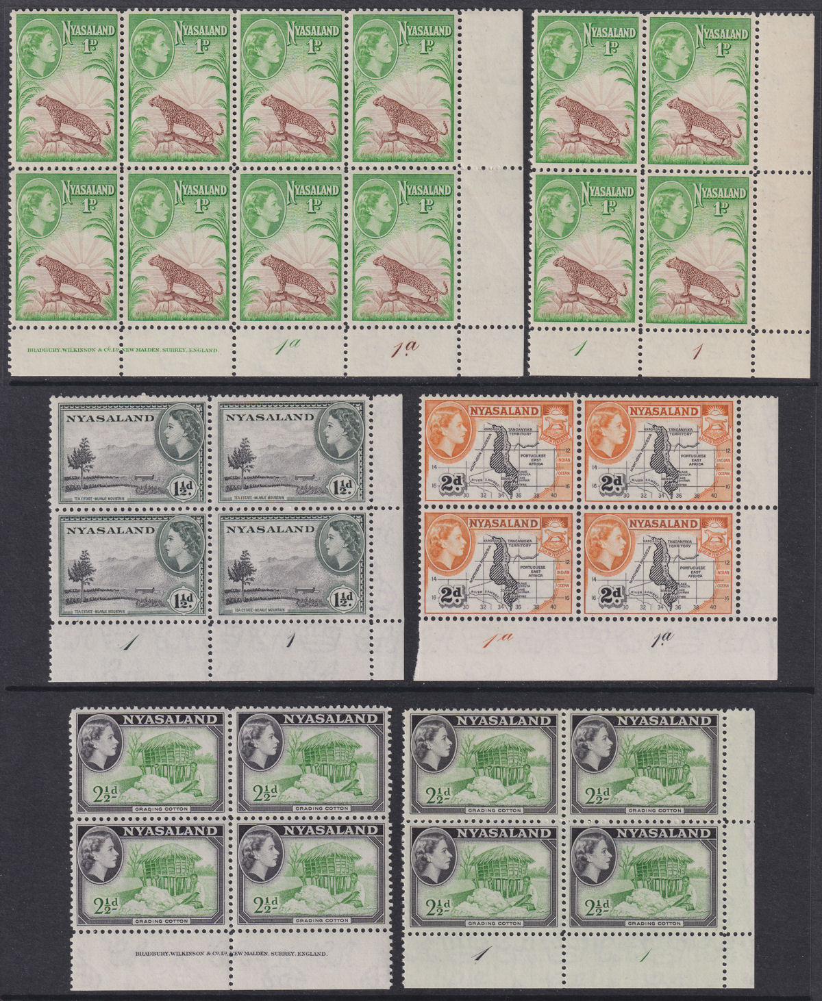 Nyasaland 1953 Queen Elizabeth II Part Set Plate No / Imprint Blocks to 1sh Mint