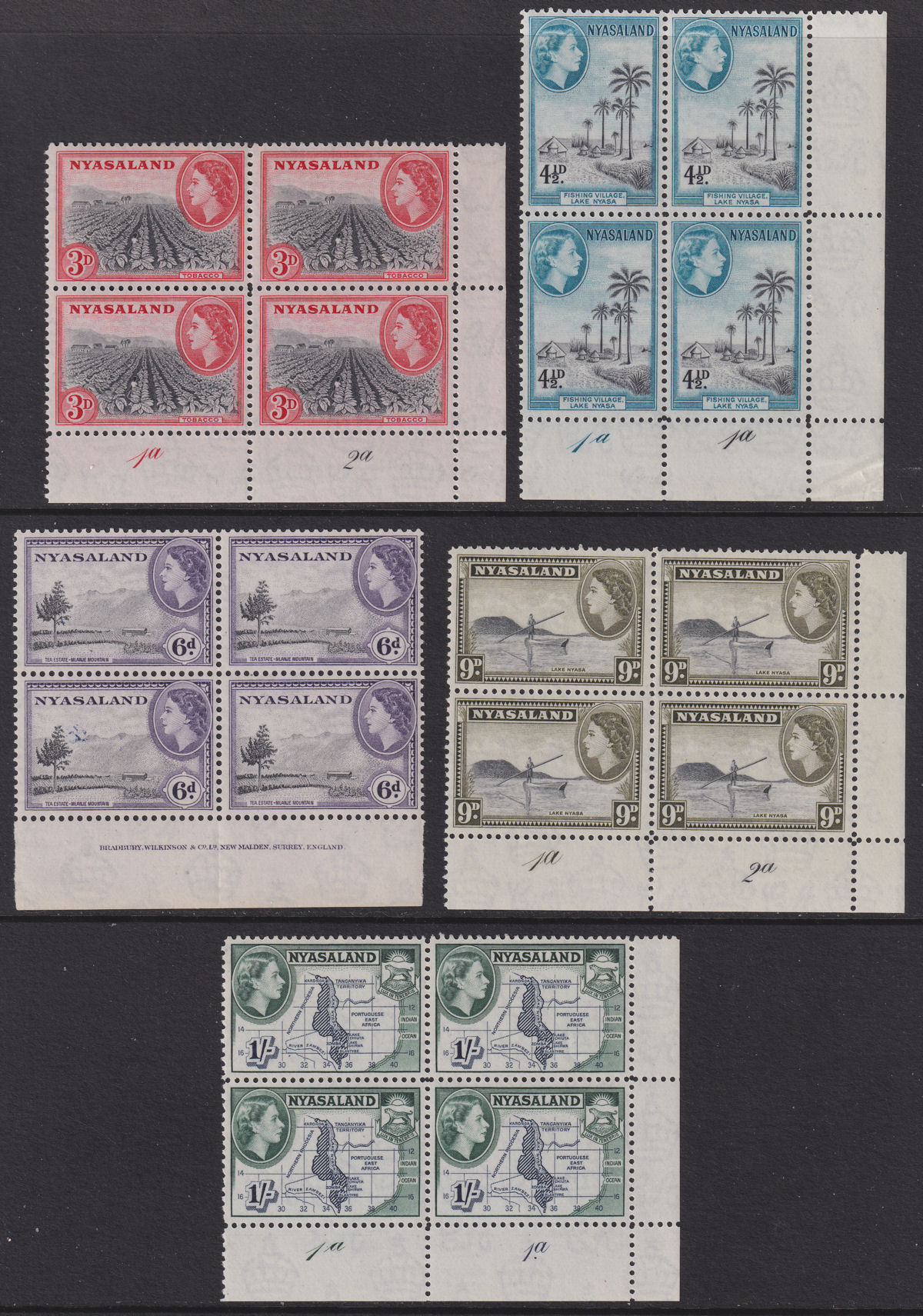 Nyasaland 1953 Queen Elizabeth II Part Set Plate No / Imprint Blocks to 1sh Mint