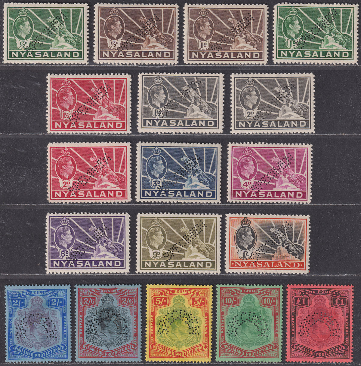 Nyasaland 1938 KGVI SPECIMEN Leopard + Key Type Set Mint SG130s-143s cat £1000