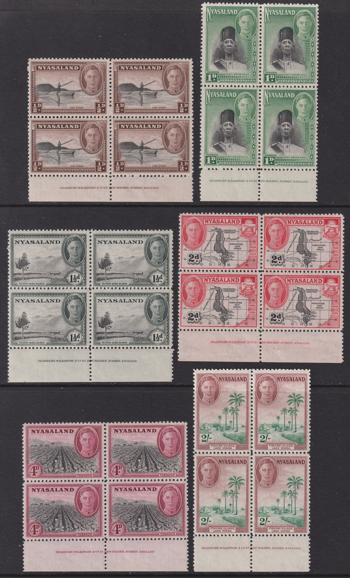 Nyasaland 1945 King George VI Part Imprint Block Set to 2sh Mint