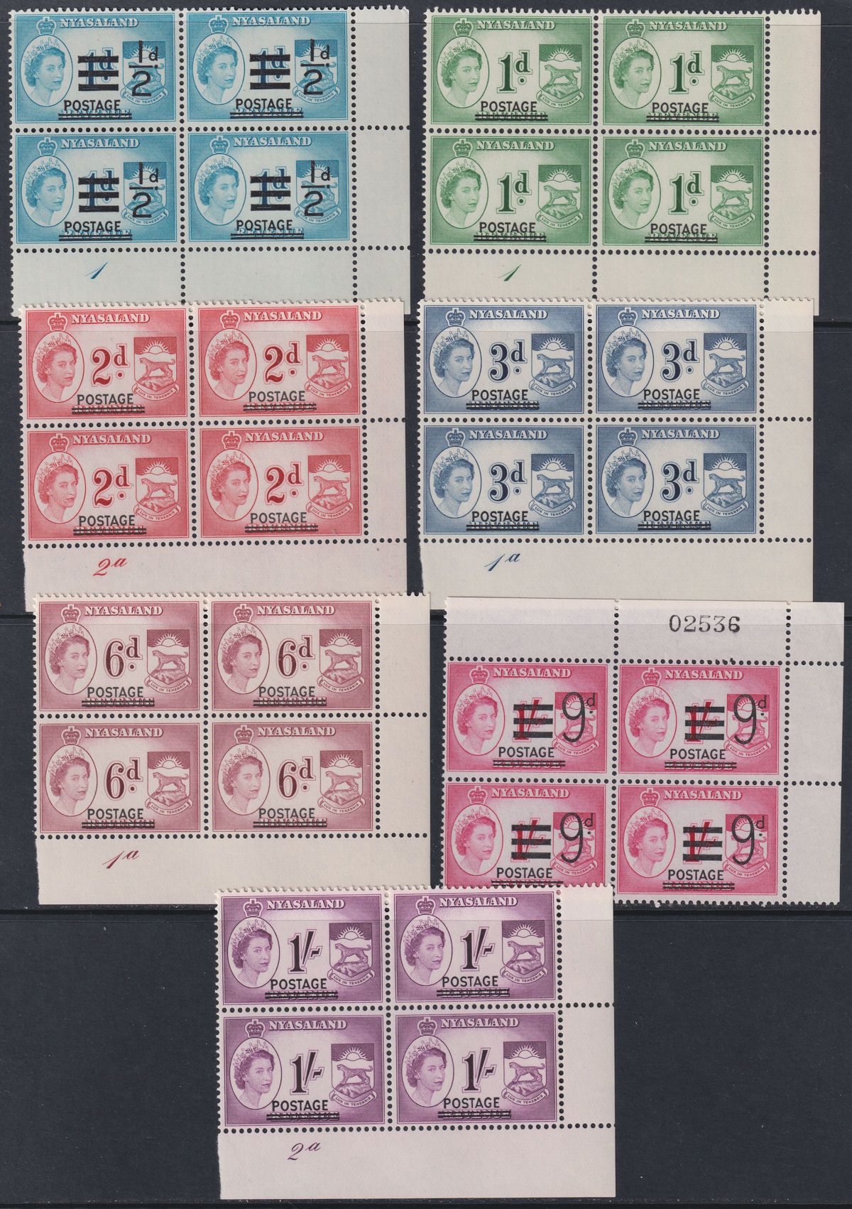 Nyasaland 1963 QII Overprint Block Set to 1sh UM Mint SG188-194 Plate / Sheet No