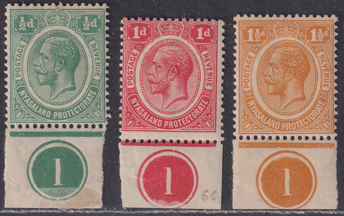 Nyasaland 1921 KGV ½d, 1d, 1½d Plate 1 Marginals Mint SG100-102