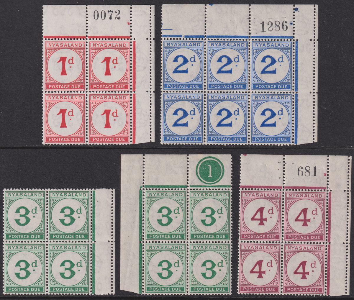Nyasaland 1950 KGVI Postage Due Block Set to 4d Mint SG D1-D4