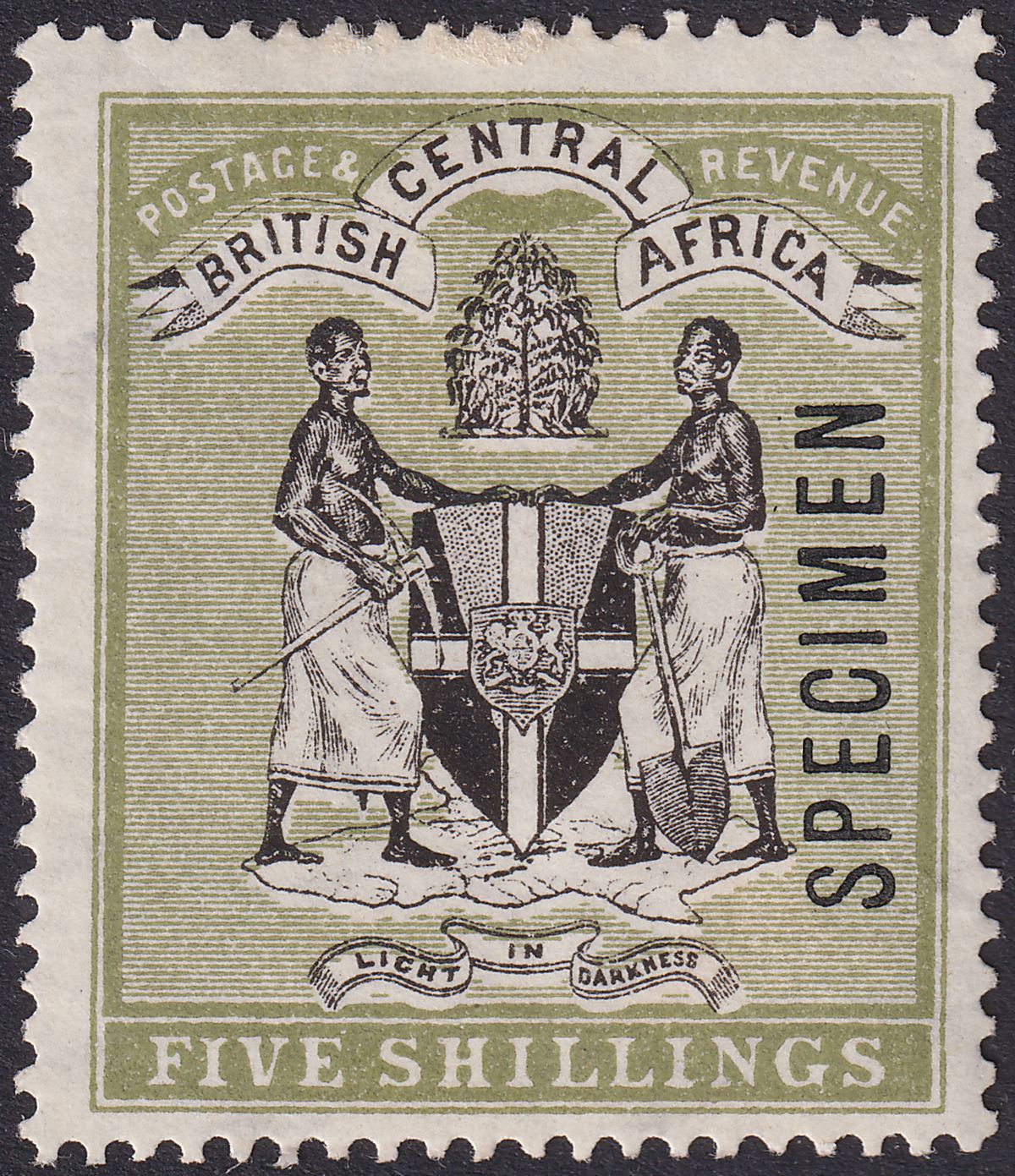 British Central Africa 1896 QV SPECIMEN Overprint 5sh Black + Olive SG39s THIN