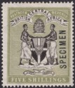 Click for more photos and details British Central Africa 1896 QV SPECIMEN Overprint 5sh Black + Olive SG39s THIN