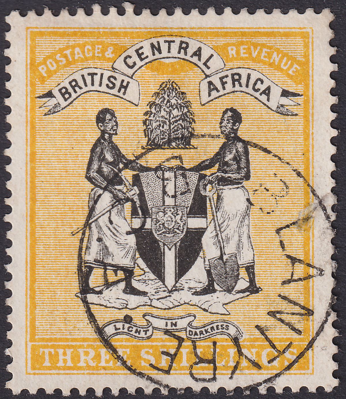 British Central Africa 1895 QV 3sh Black and Yellow Used SG27 cat £90 TEAR