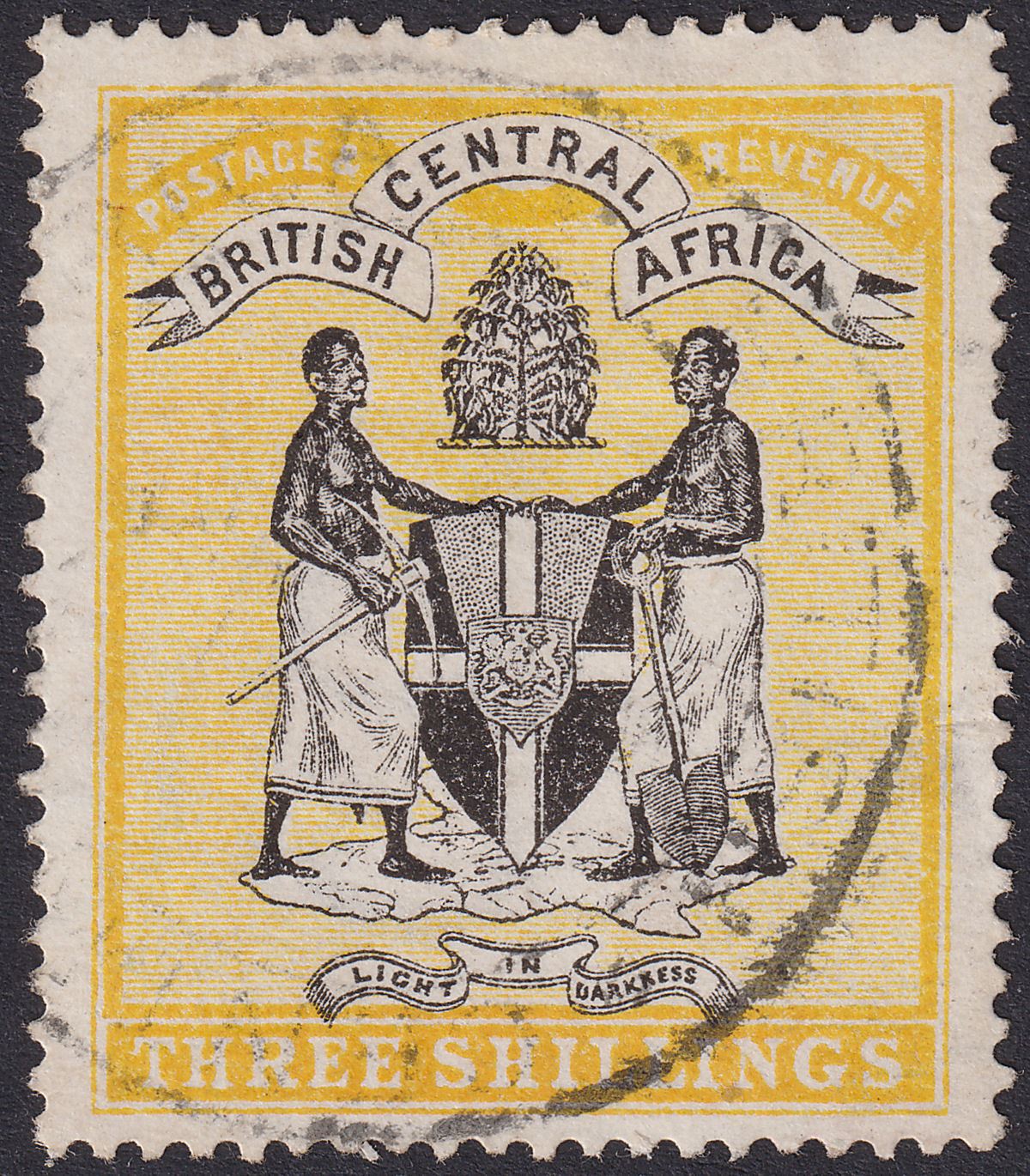 British Central Africa 1896 QV 3sh Black and Yellow Fiscally Used SG38
