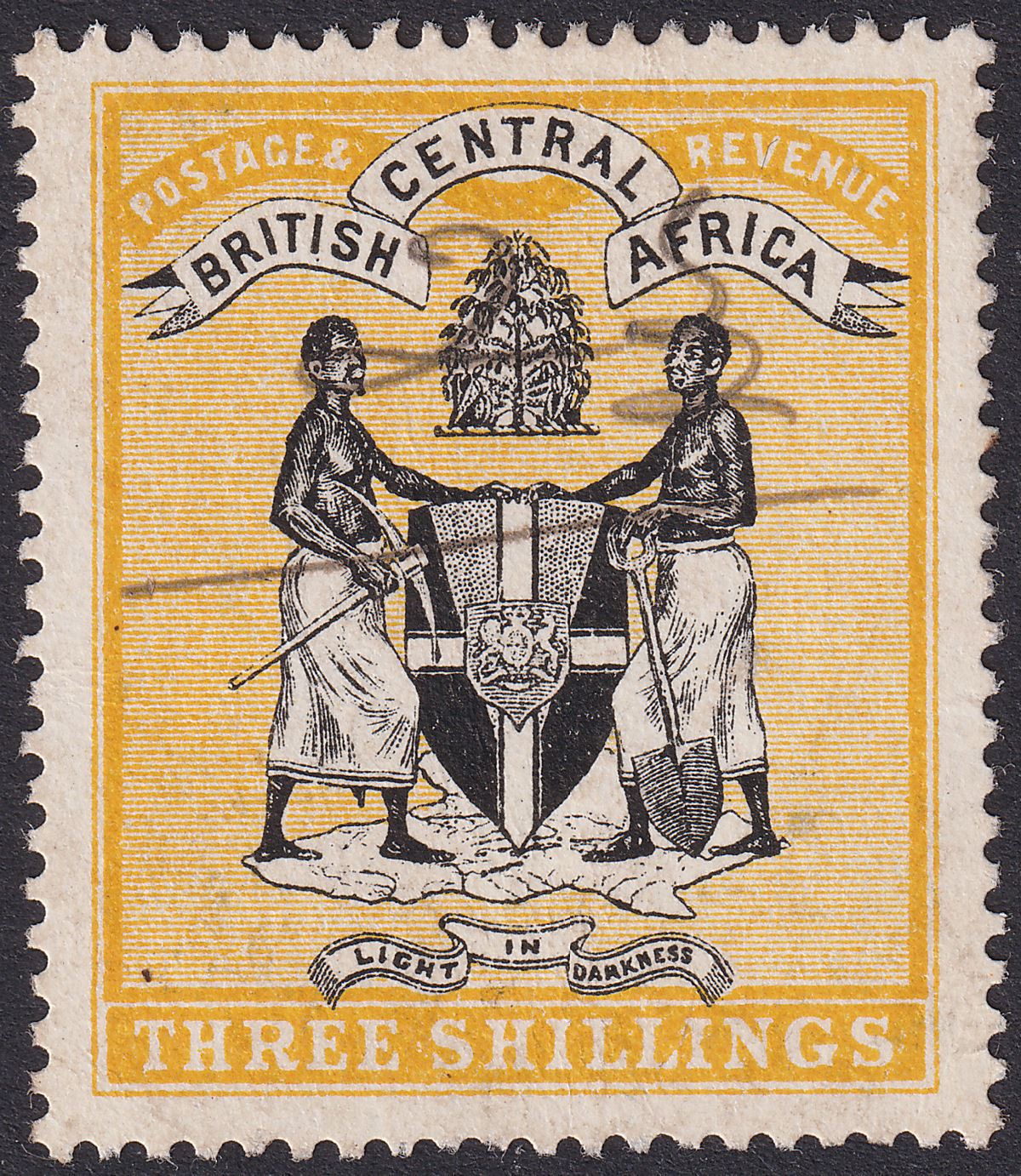 British Central Africa 1895 QV 3sh Black + Yellow Fiscally Used SG27 w pen canc