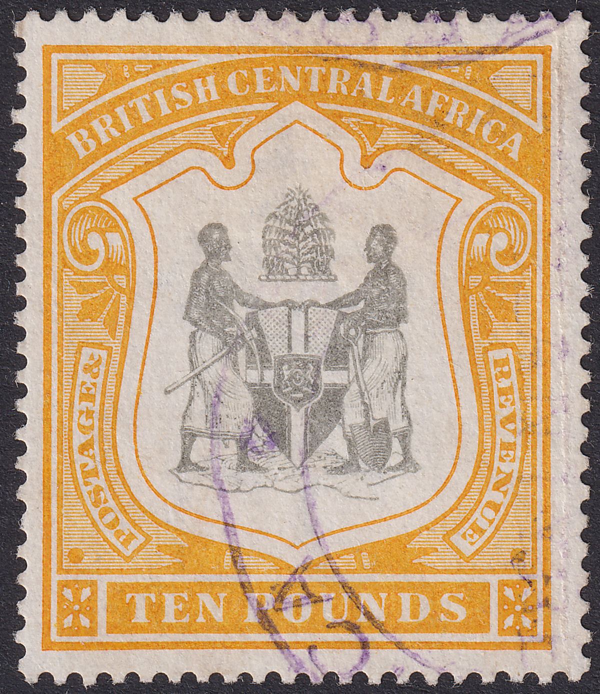 British Central Africa 1897 QV £10 Black and Yellow Fiscally Used SG52 cat £400