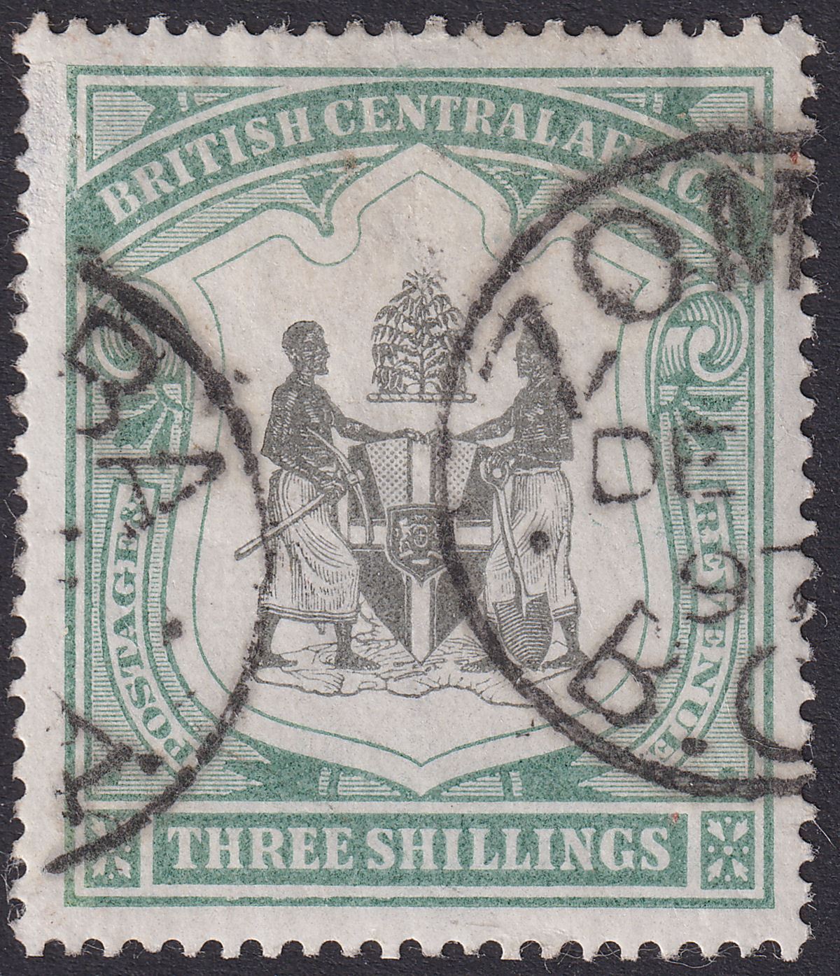 British Central Africa 1897 QV 3sh Black and Sea-Green Used SG49 cat £425 THIN