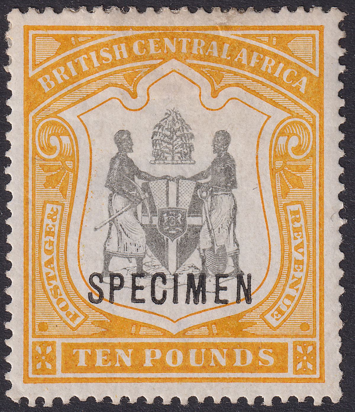 British Central Africa 1897 QV SPECIMEN Opt £10 Black and Yellow SG52s cat £350