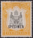 Click for more photos and details British Central Africa 1897 QV SPECIMEN Opt £10 Black and Yellow SG52s cat £350