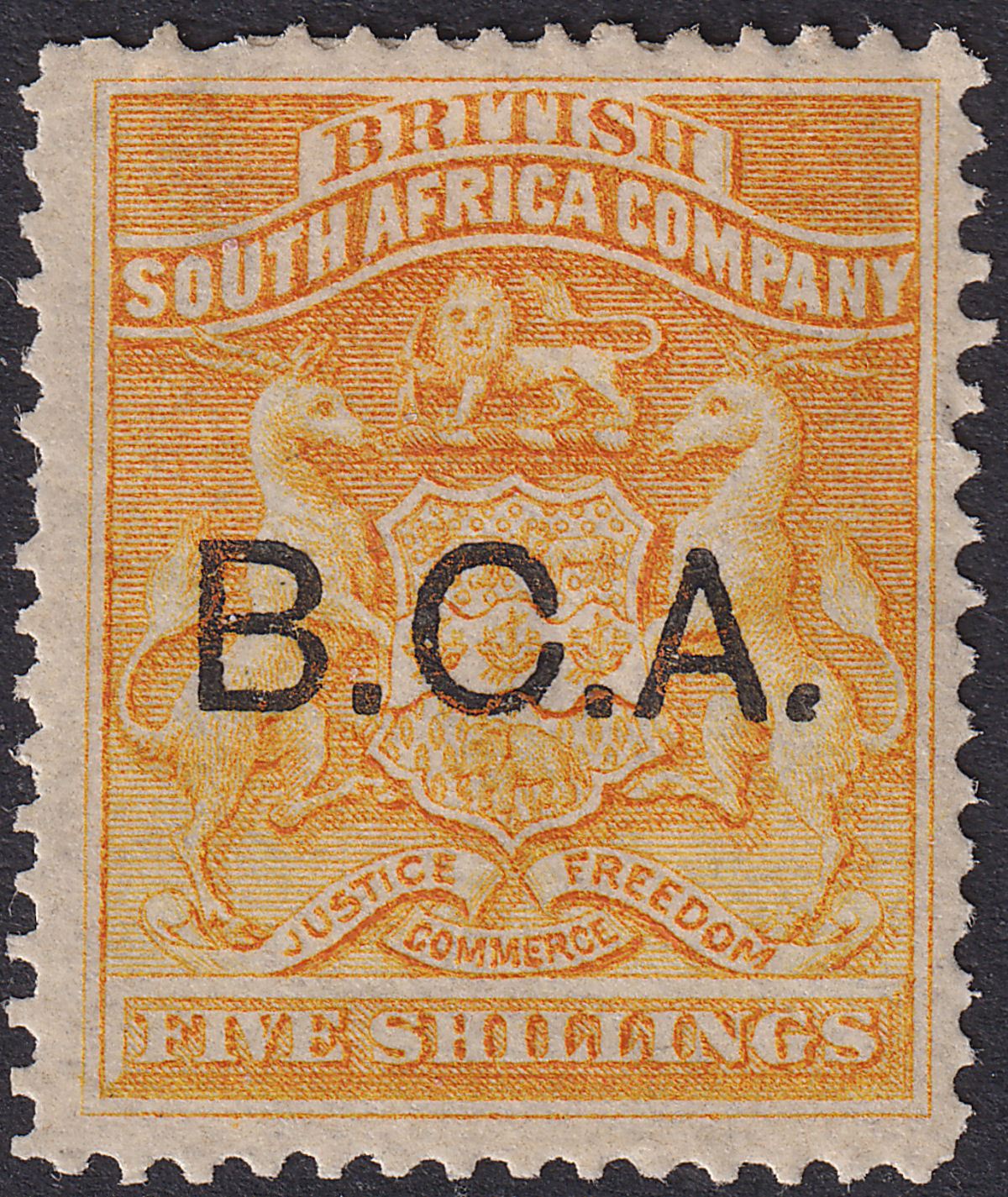 British Central Africa 1891 QV BCA Opt on BSAC 5sh Or-Yellow Mint SG12 cat £120