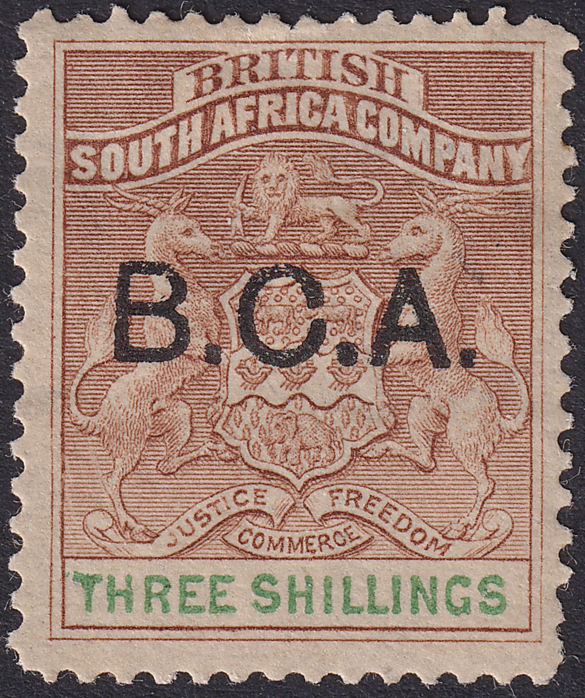 British Central Africa 1895 QV BCA Opt on BSAC 3sh Brown + Green Mint SG10 c£95