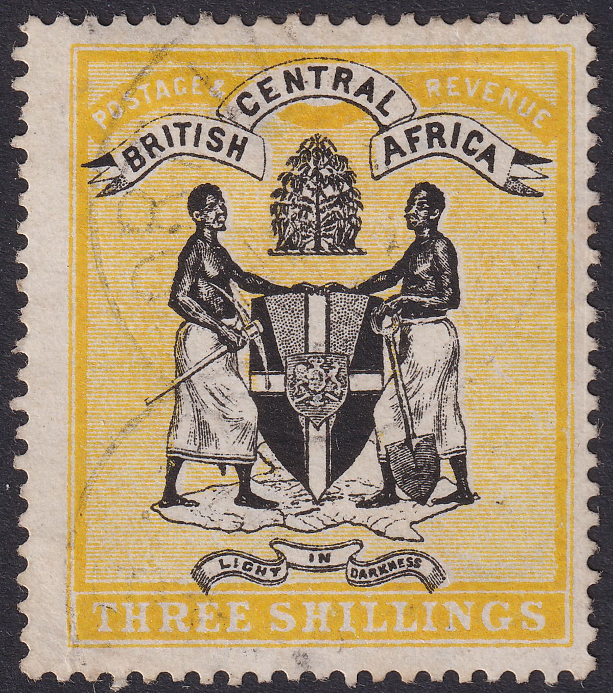 British Central Africa 1896 QV 3sh Black and Yellow Used SG38 cat £85