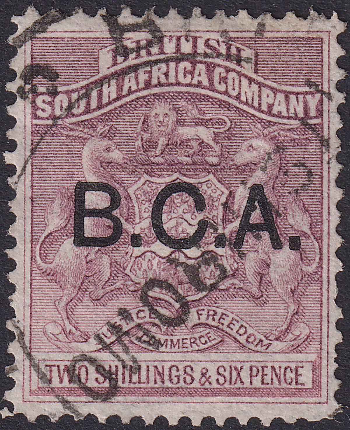 British Central Africa 1891 QV BCA Opt on BSAC 2sh6d Lilac Fiscally Used SG9a