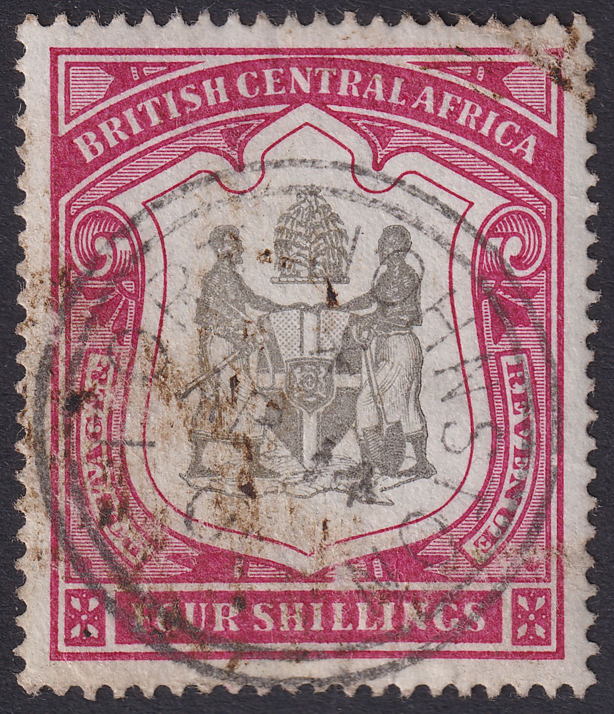 British Central Africa 1897 QV 4sh Black + Carmine Used SG50 cat £120 stained