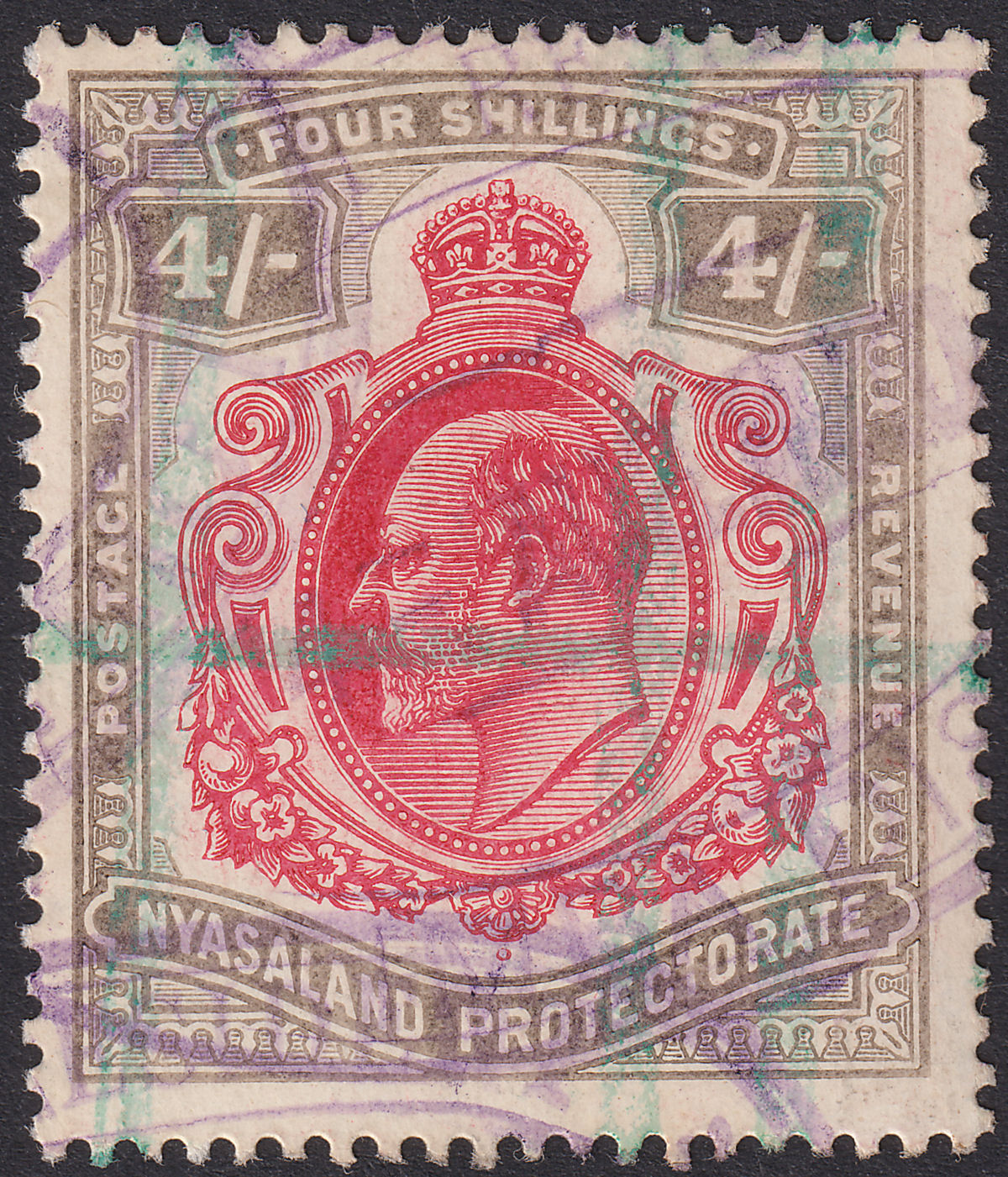 Nyasaland 1908 KEVII 4sh Carmine and Black Fiscally Used SG79