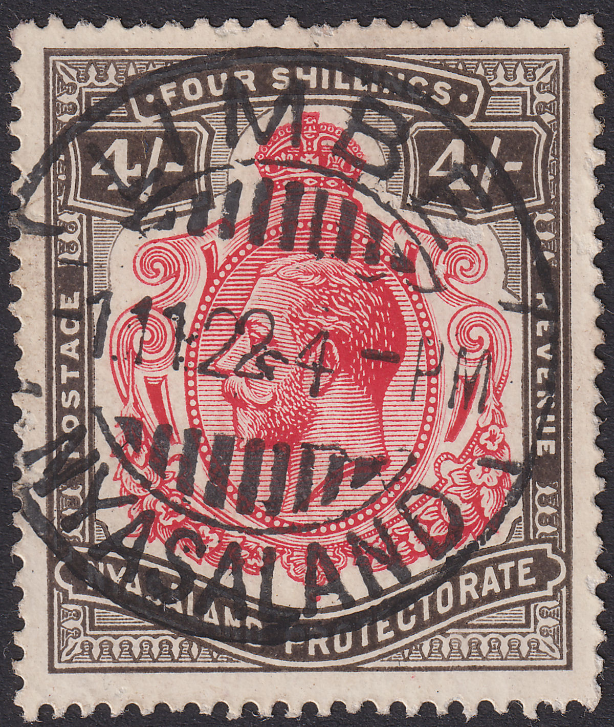 Nyasaland 1913 KGV 4sh Carmine and Black Used SG95 cat £110 surface scrapes
