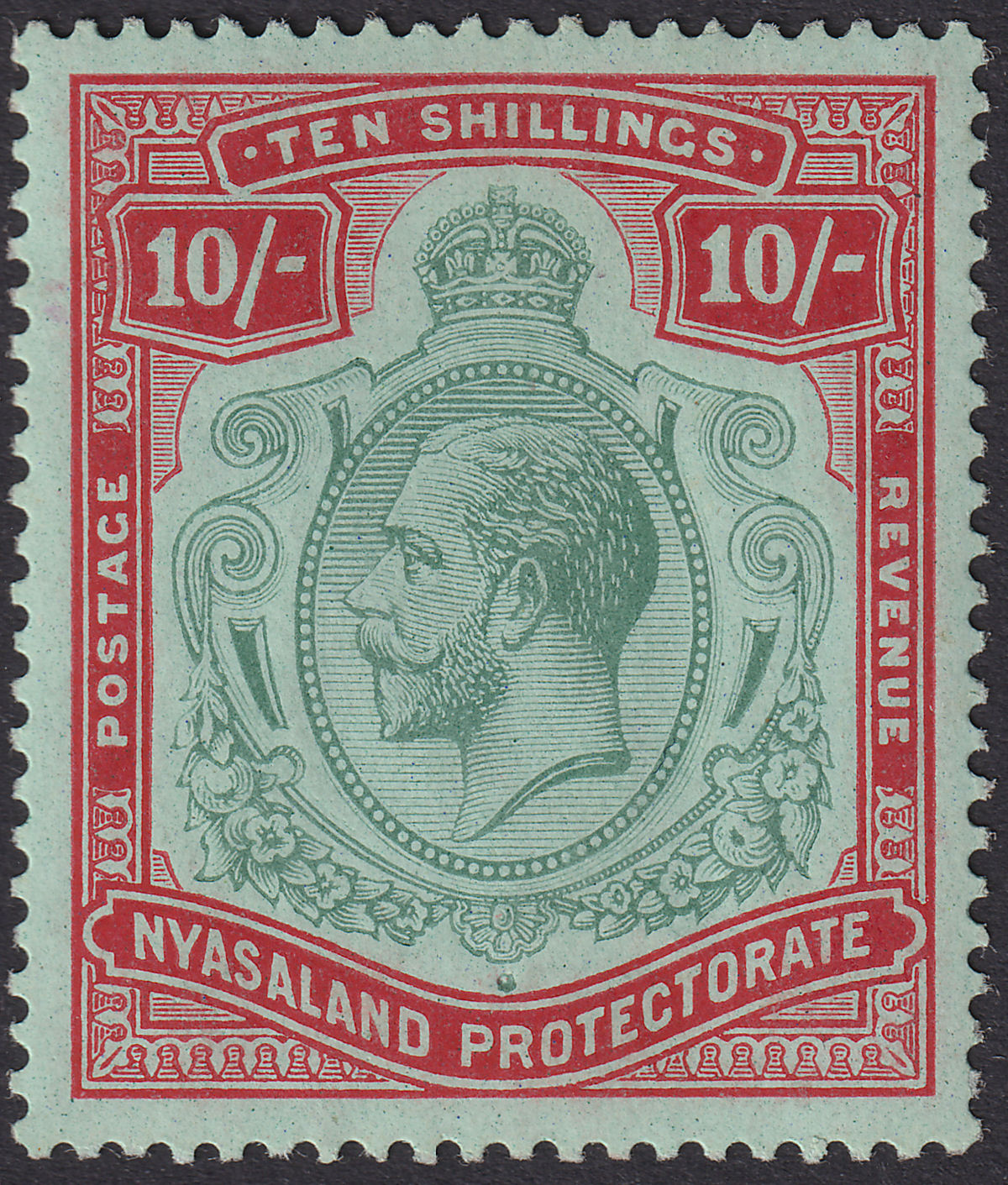Nyasaland 1913 KGV 10sh Pale Green and Deep Scarlet on Green Mint SG96 cat £130