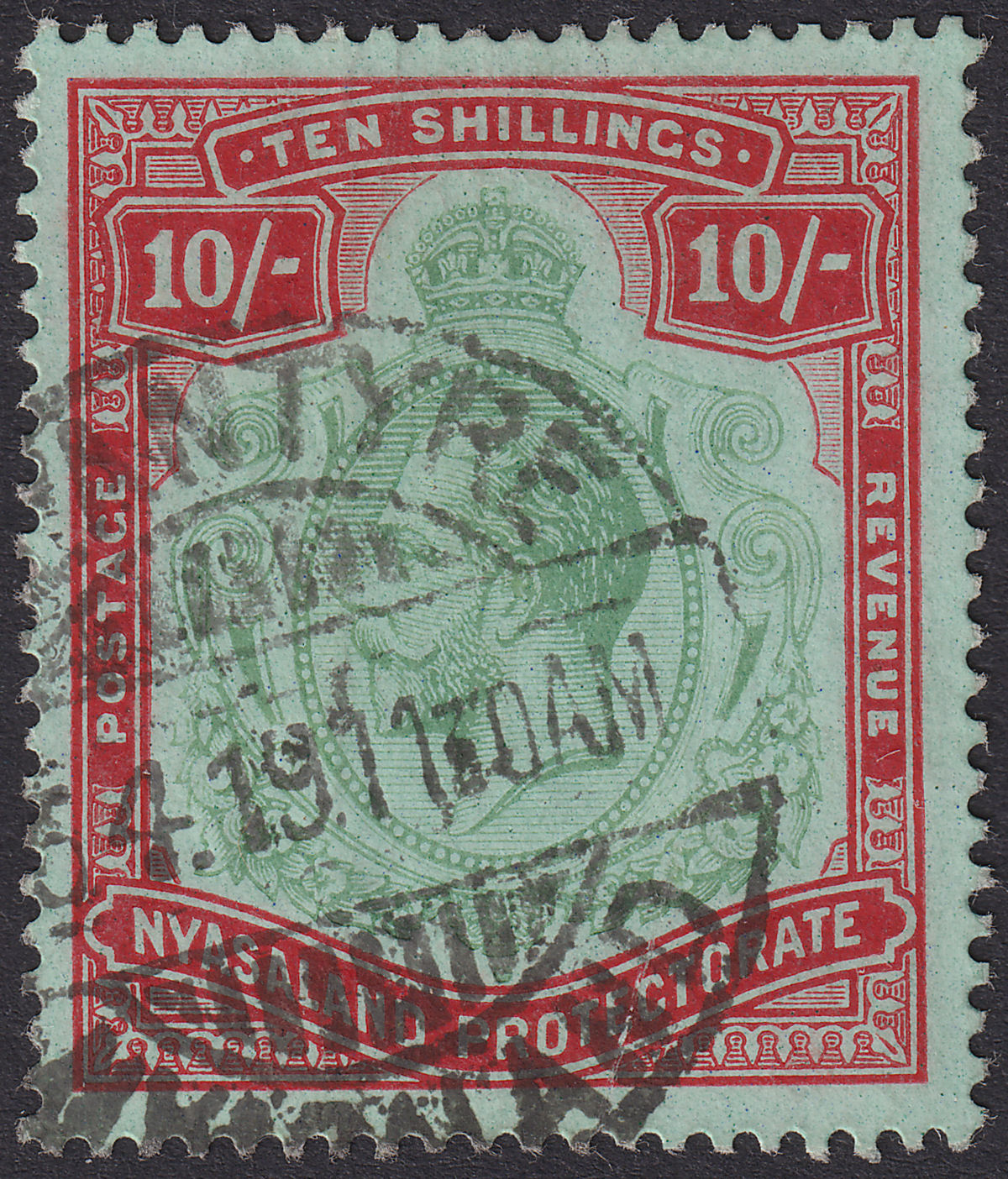 Nyasaland 1913 KGV 10sh Pale Green and Deep Scarlet on Green Used SG96 cat £180