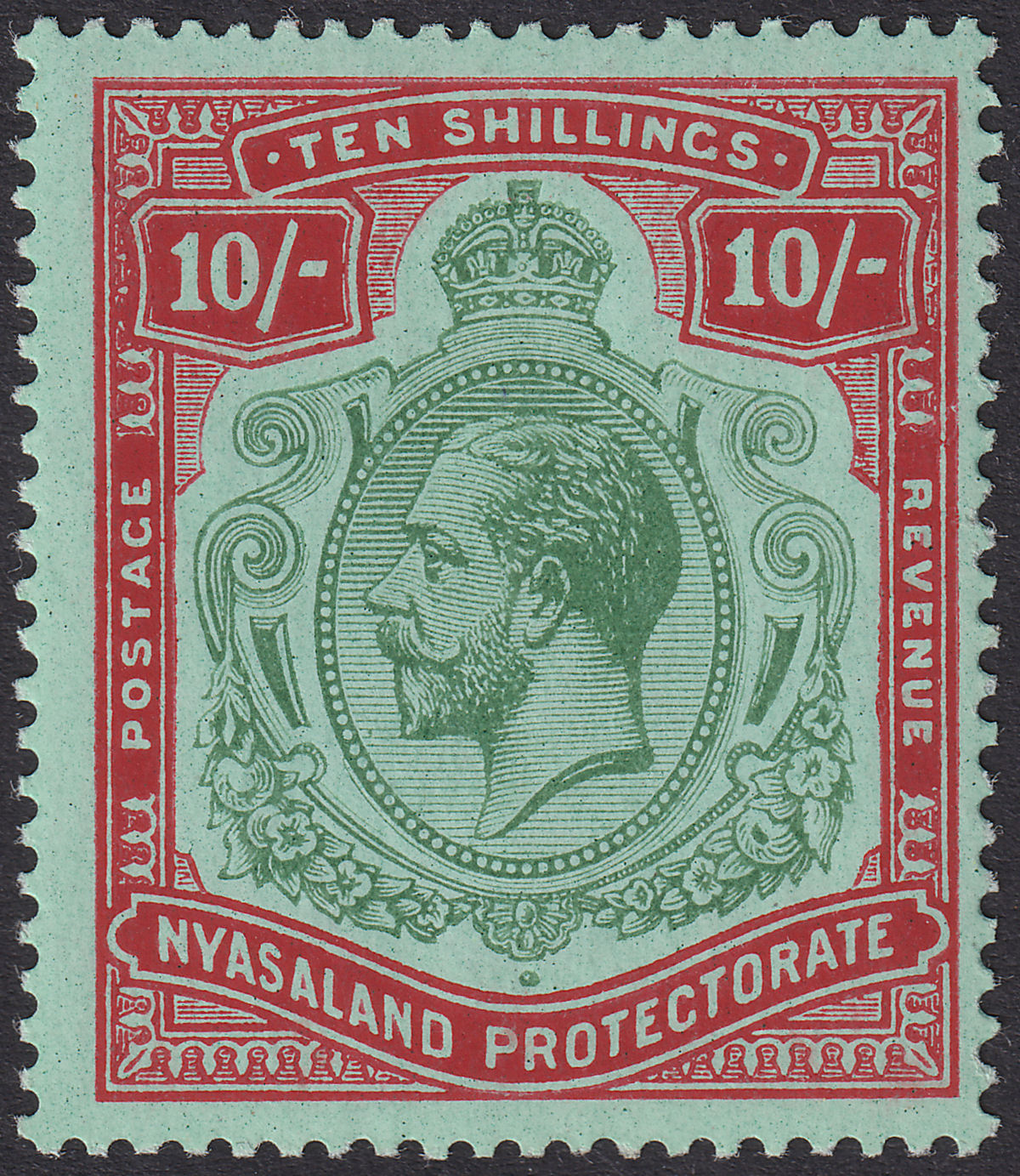 Nyasaland 1919 KGV 10sh Green and Deep Scarlet on Green Mint SG96e cat £160