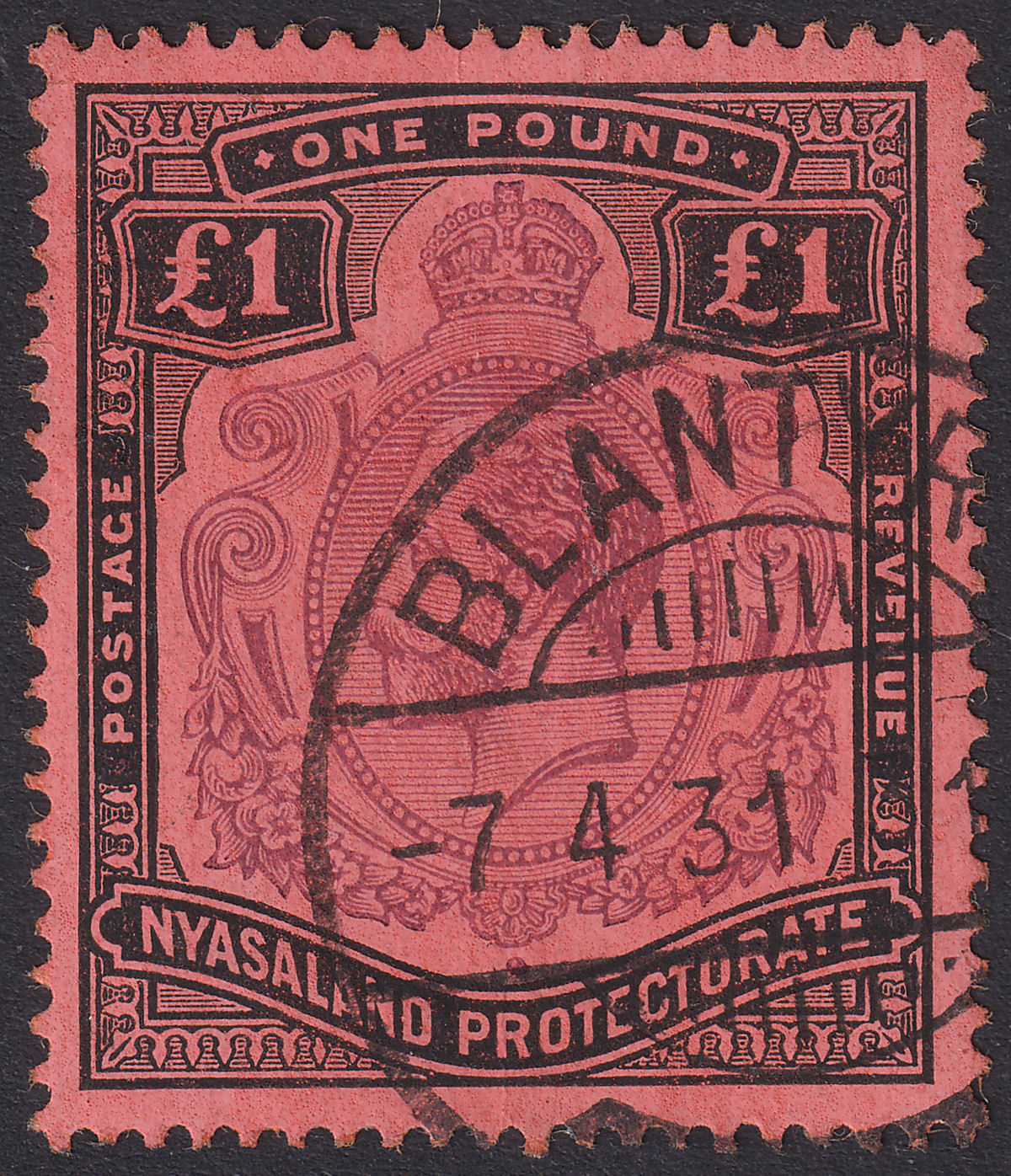 Nyasaland 1913 KGV £1 Purple and Black on Red Used SG98 cat £225