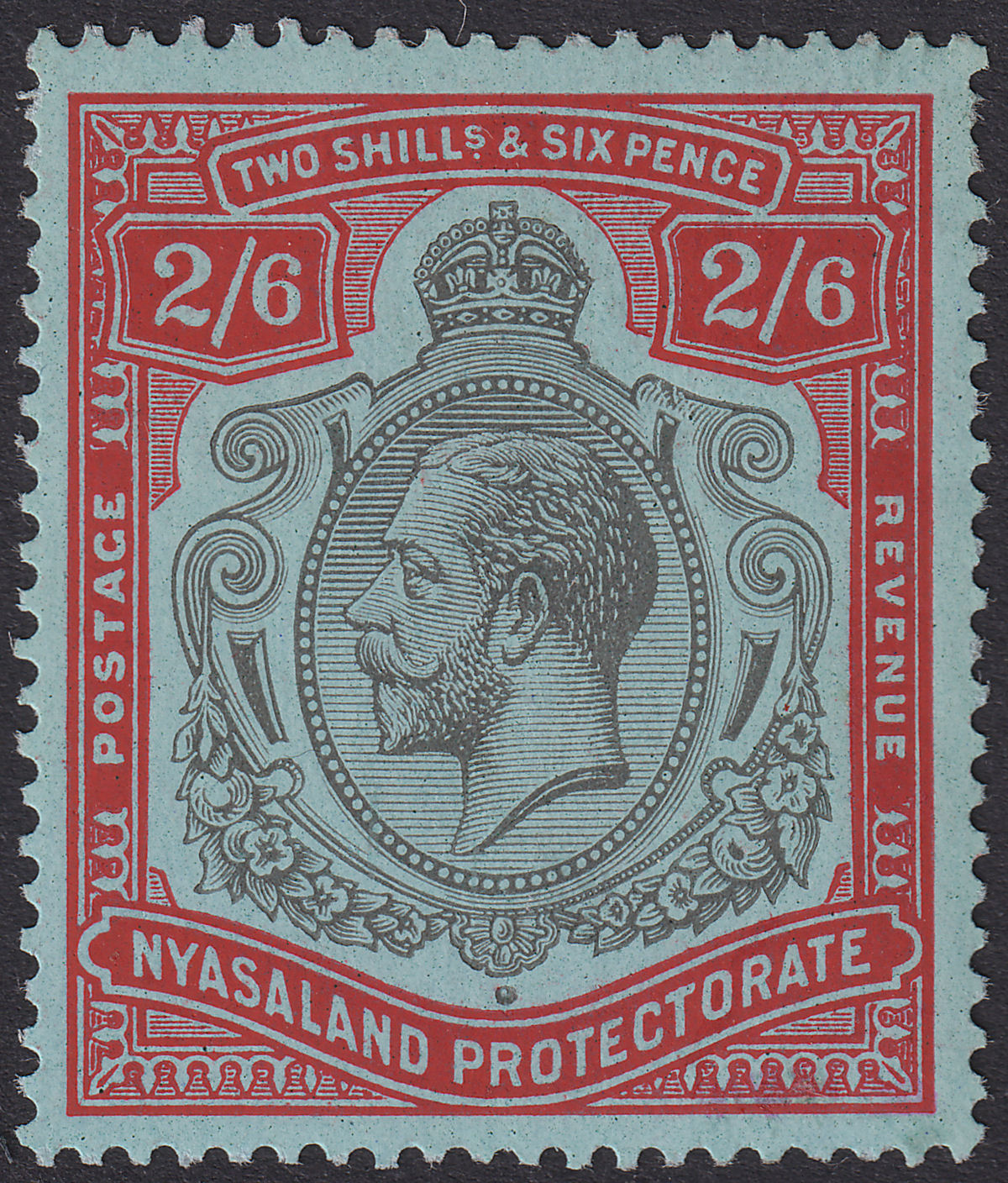Nyasaland 1926 KGV 2sh6d Grey-Bl + V Broken Crown + Scroll Mint SG110jb cat £400