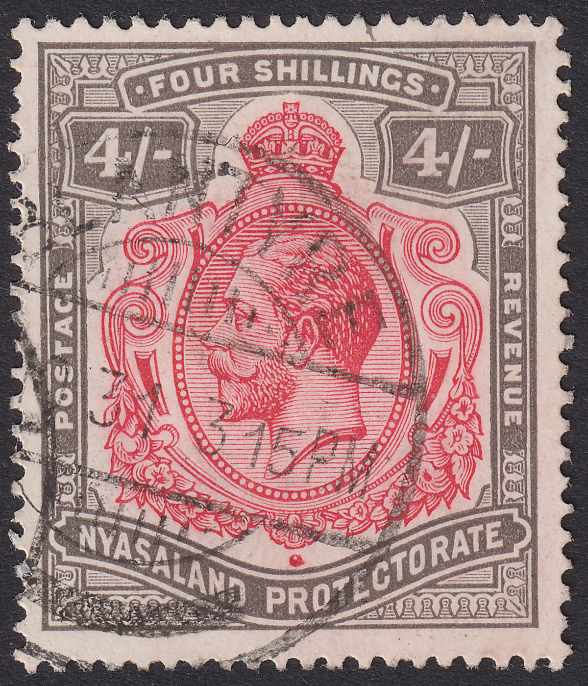 Nyasaland 1927 KGV 4sh Carmine and Black Used SG111 cat £50