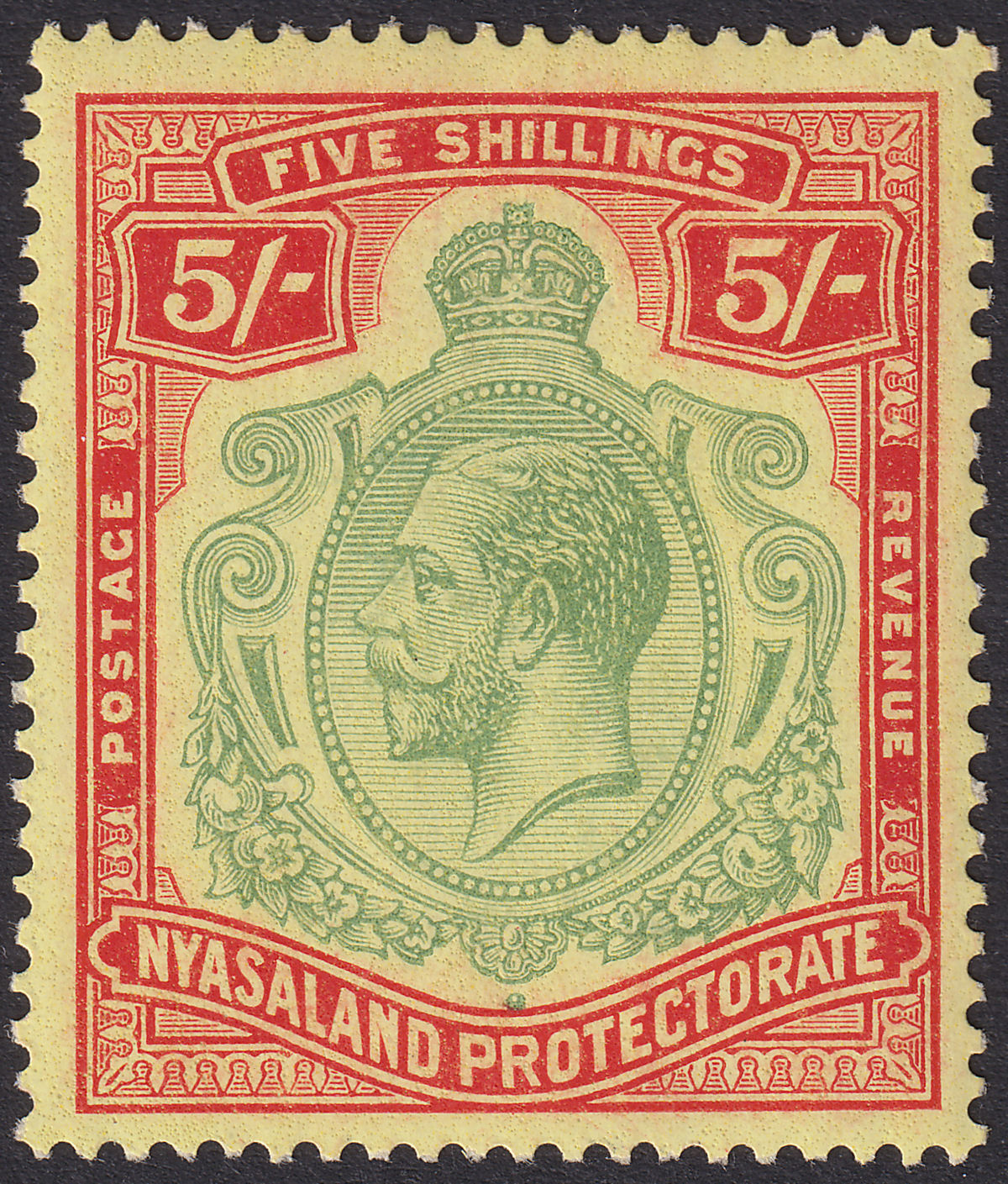 Nyasaland 1929 KGV 5sh Green and Red on Yellow Mint SG112 cat £55