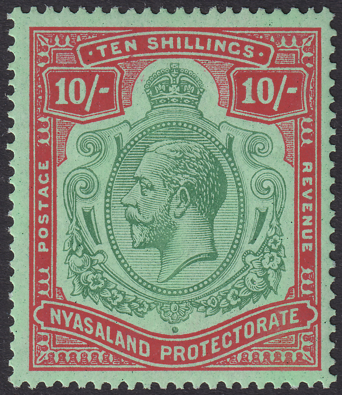 Nyasaland 1926 KGV 10sh Green and Red on Pale Emerald Mint SG113 cat £130