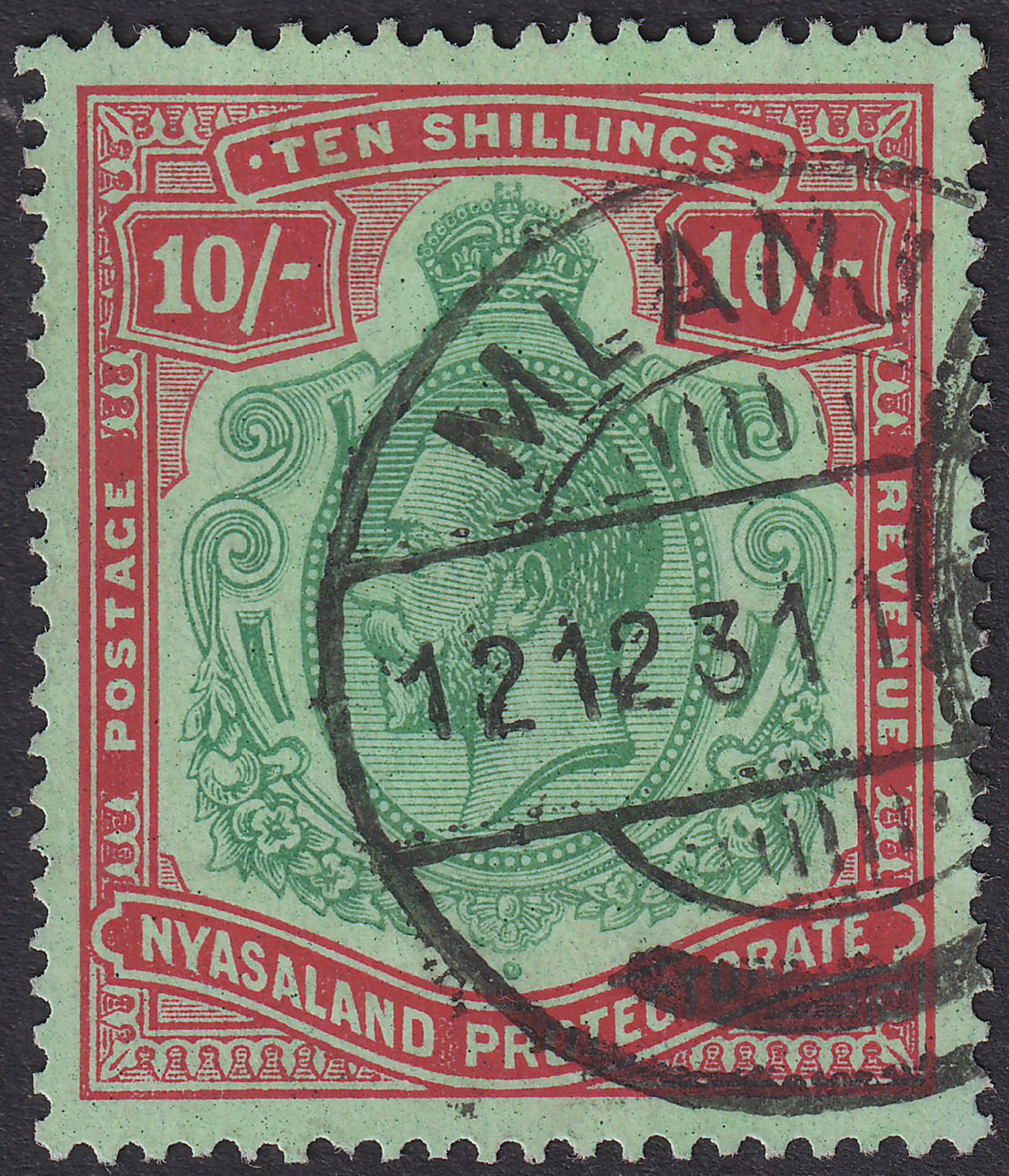 Nyasaland 1926 KGV 10sh Green and Red on Pale Emerald Used SG113 cat £150