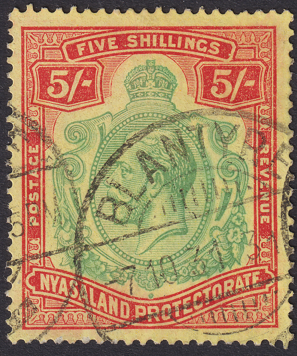 Nyasaland 1929 KGV 5sh Green and Red on Yellow Used SG112 cat £85