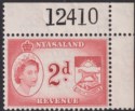 Nyasaland 1955 QEII Revenue 2d Red Sheet Number Corner Marginal Mint BF22