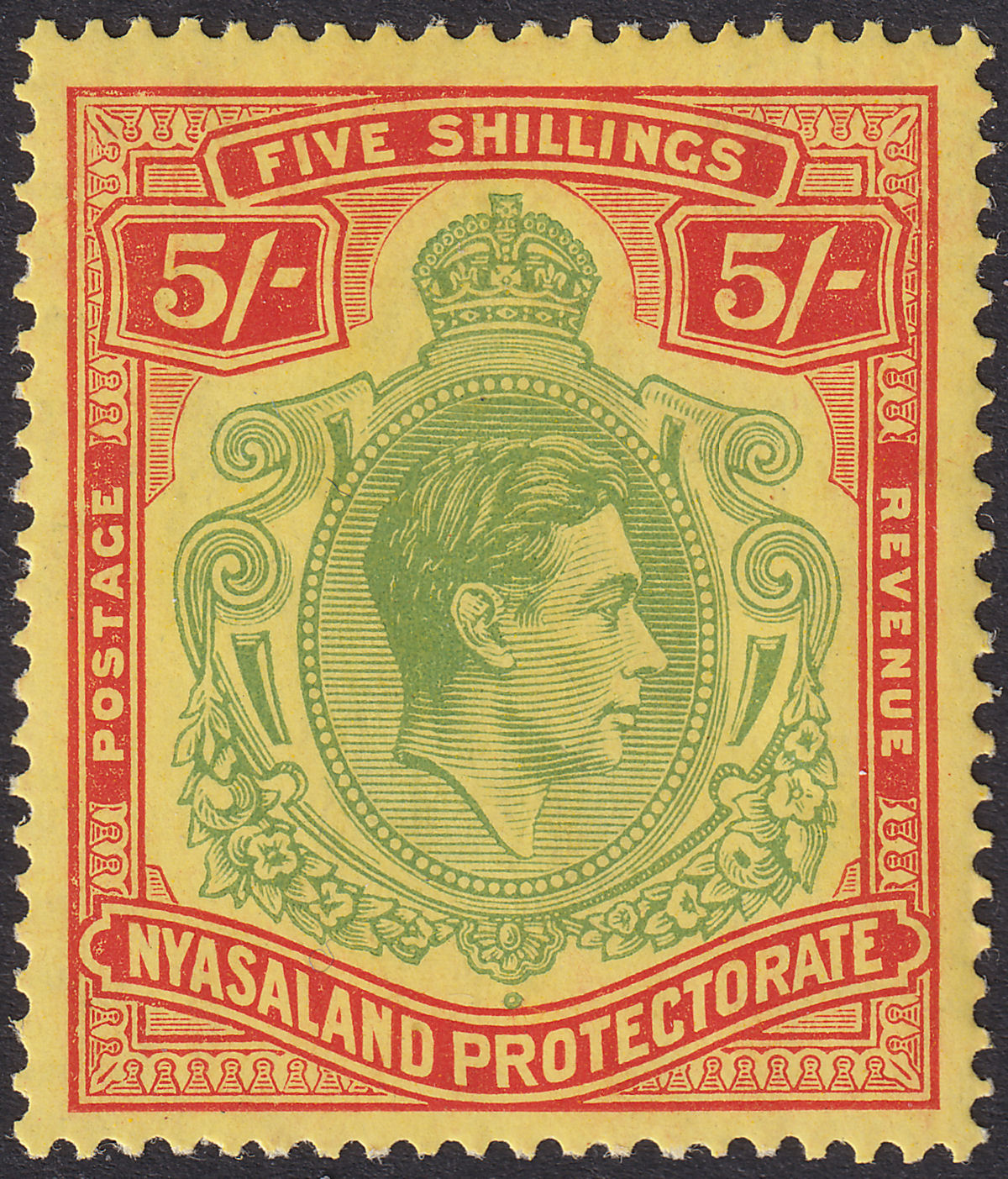 Nyasaland 1938 KGVI 5sh Pale Green and Red Chalky Paper Mint SG141 cat £55