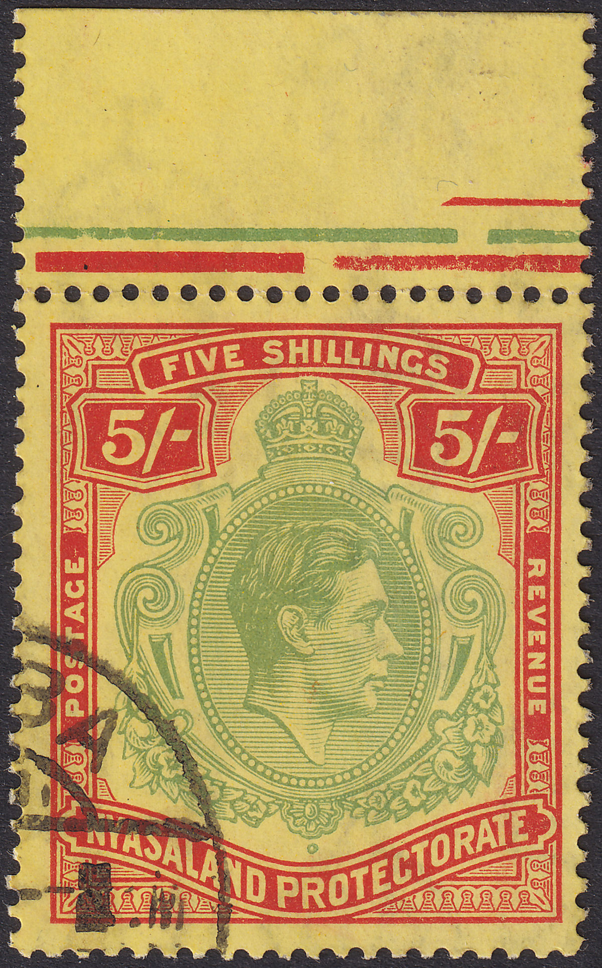 Nyasaland 1938 KGVI 5sh Pale Green and Red Chalky Paper Used SG141 cat £40
