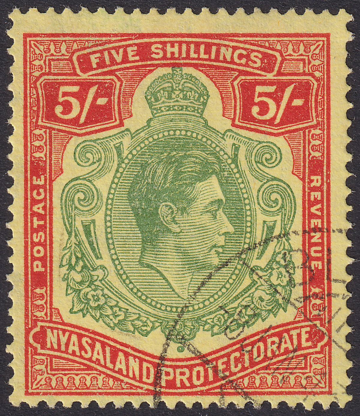 Nyasaland 1944 KGVI 5sh Grn + Red Ord Paper Used* SG141a Madame Joseph Postmark