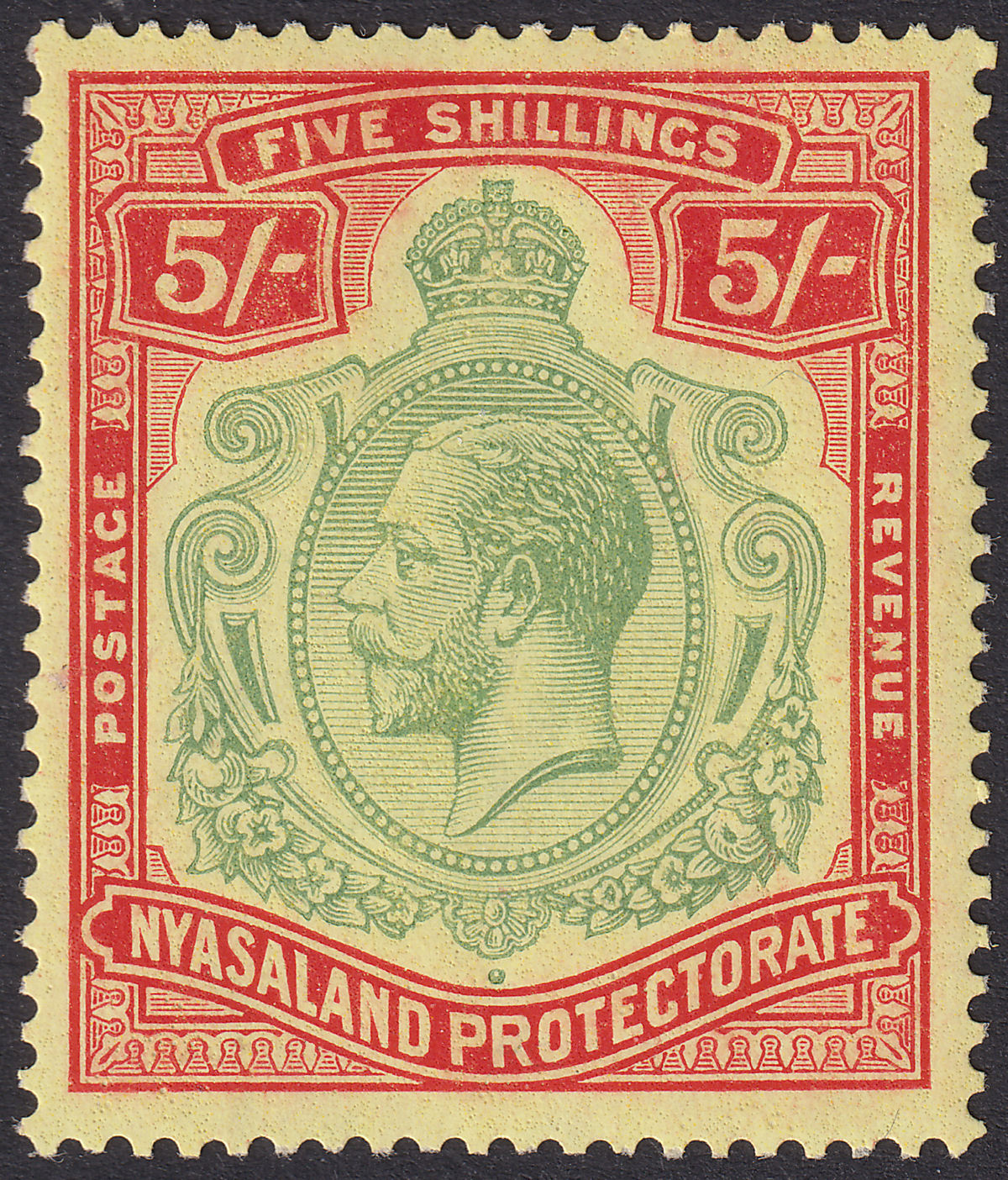 Nyasaland 1929 KGV 5sh Green and Red on Yellow Mint SG112 cat £55