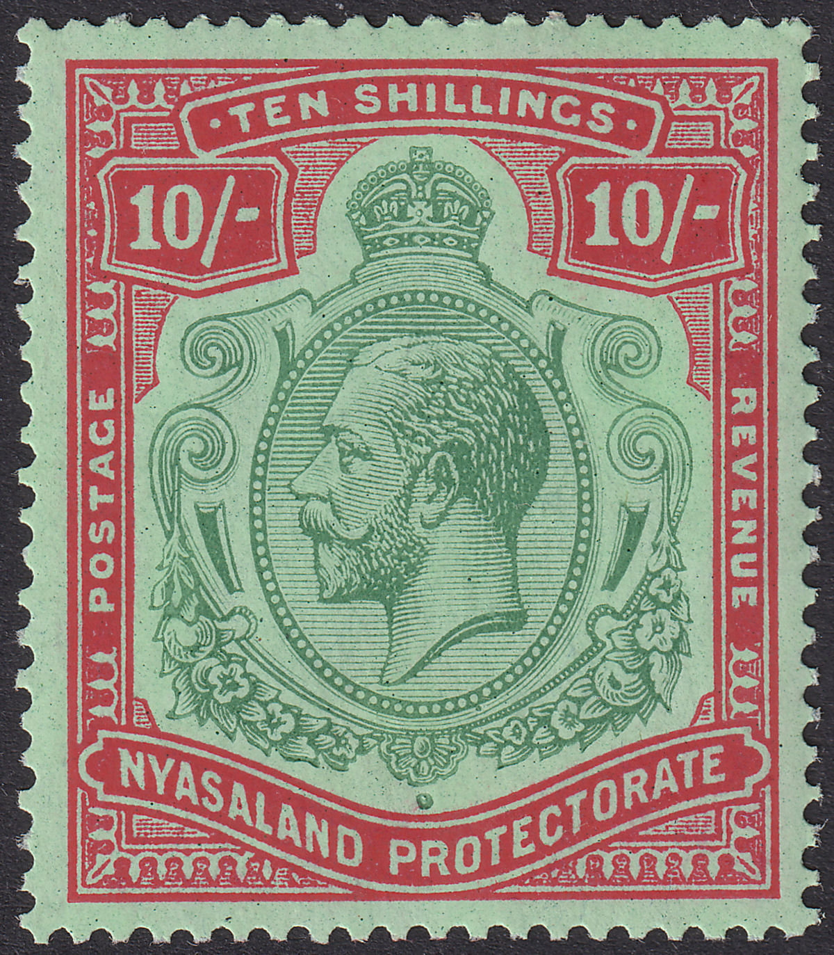 Nyasaland 1926 KGV 10sh Green and Red on Pale Emerald Mint SG113 cat £130