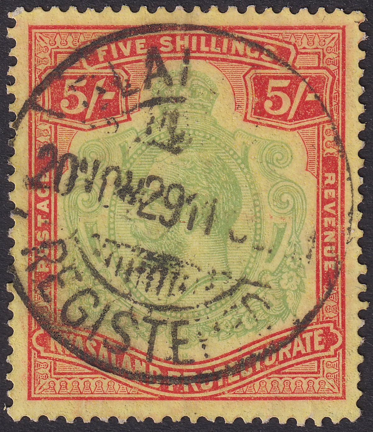 Nyasaland 1929 KGV 5sh Green and Red on Yellow Used SG112 cat £85