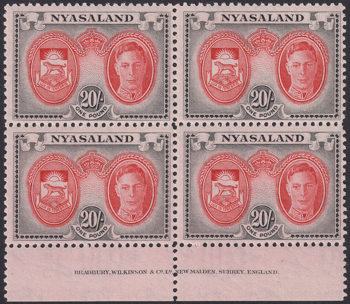 Nyasaland 1945 KGVI 20sh Scarlet + Black Imprint Block of 4 Mint SG157 cat £140