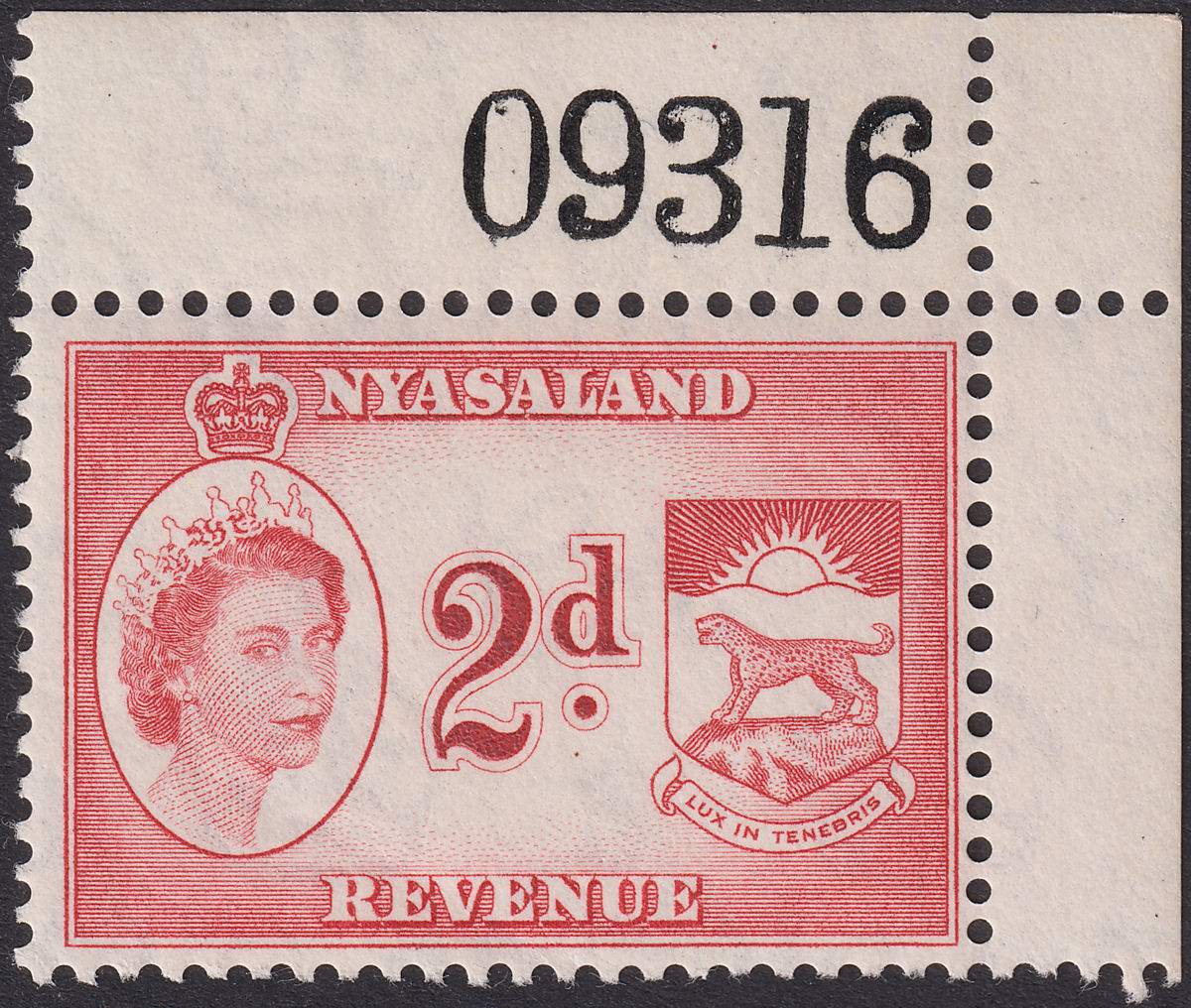 Nyasaland 1955 QEII Revenue 2d Red Sheet Number Corner Marginal Mint BF22 CREASE