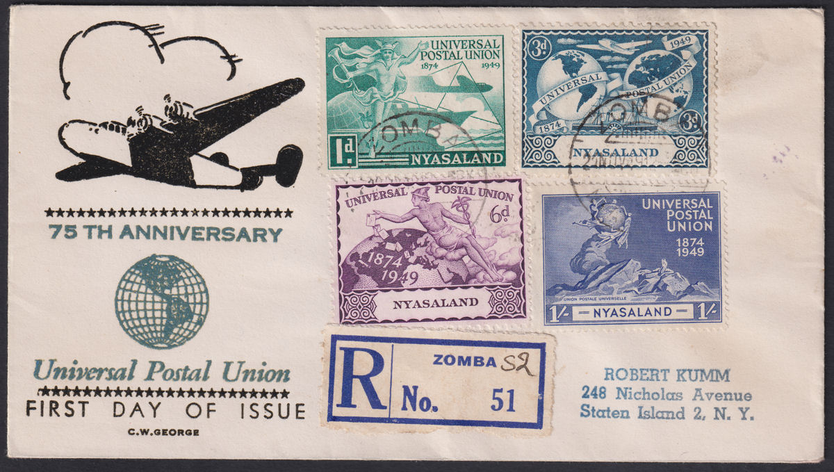 Nyasaland 1949 KGVI 75th Anniv of UPU Set Used on Illus Commem Regd FDC ZOMBA
