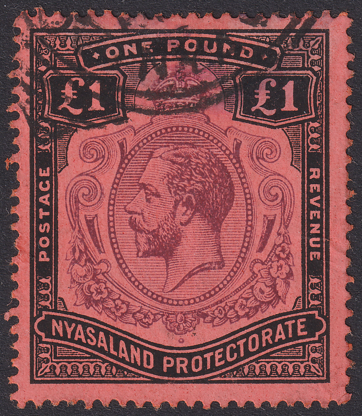 Nyasaland 1913 KGV £1 Purple + Black Used* SG98 with Bogus Zomba postmark