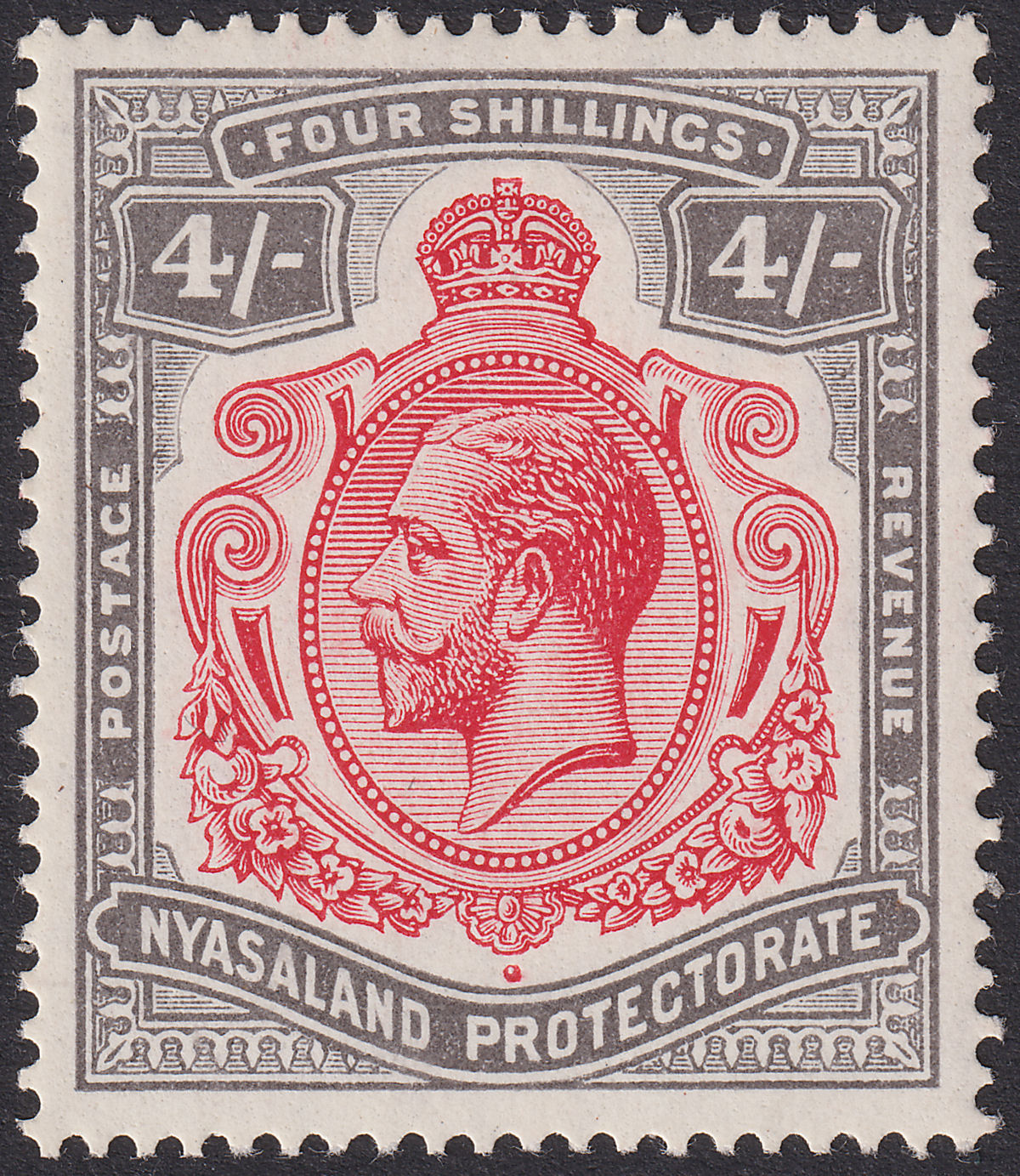 Nyasaland 1913 KGV 4sh Carmine and Black Mint SG95 cat £55