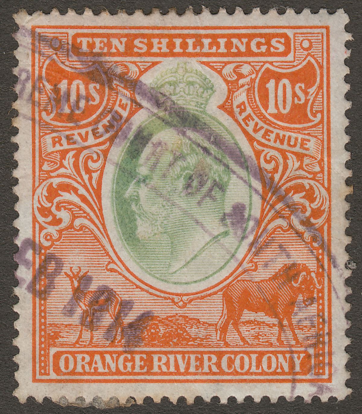 Orange River Colony 1903 KEVII Revenue 10sh watermark Crown CC Inverted Used