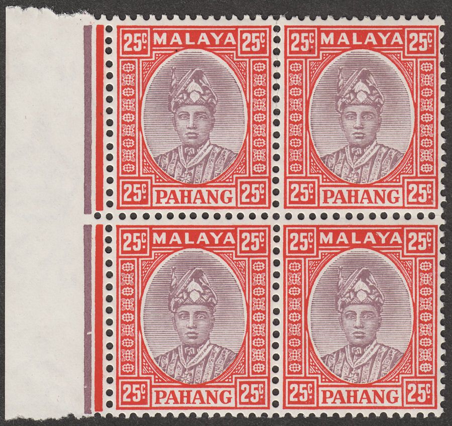 Malaya Pahang 1936 Sultan Sir Abu Bakar 25c Purple + Scarlet Block of 4 Mint