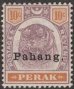 Click for more photos and details Malaya Pahang 1898 QV Tiger Opt on Perak 10c Dull Purple and Orange Mint SG19