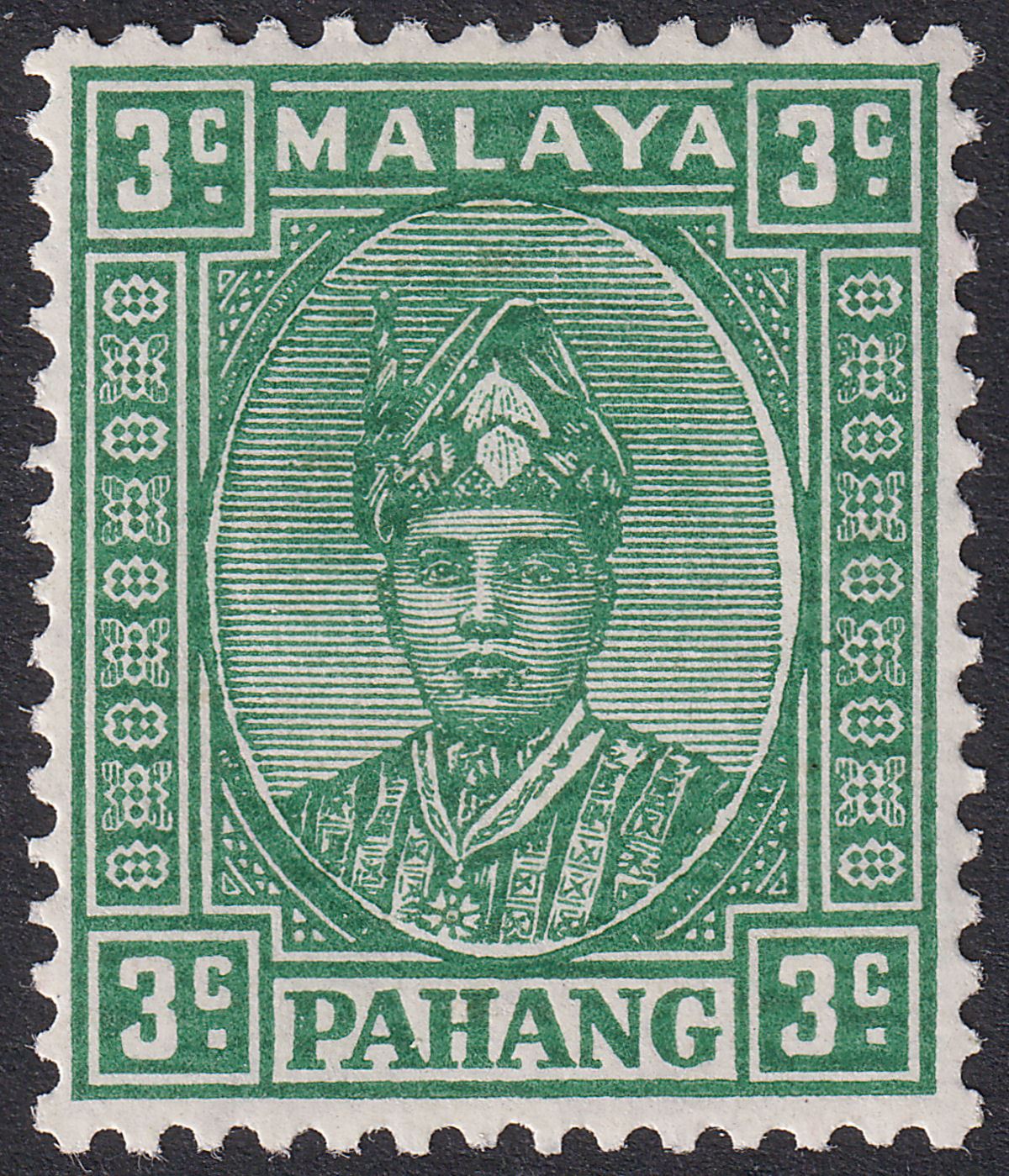 Malaya Pahang 1941 KGVI Sultan Sir Abu Bakar 3c Green Striated Mint SG31a